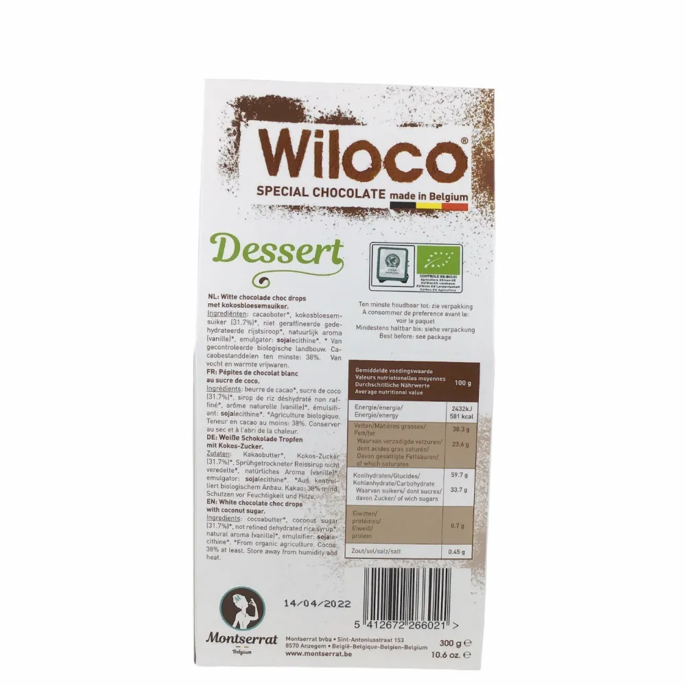 Wiloco Chocolade|Chocolade Druppels>Chocolade Druppels "Wit" Lactosevrij - 300g - BIO