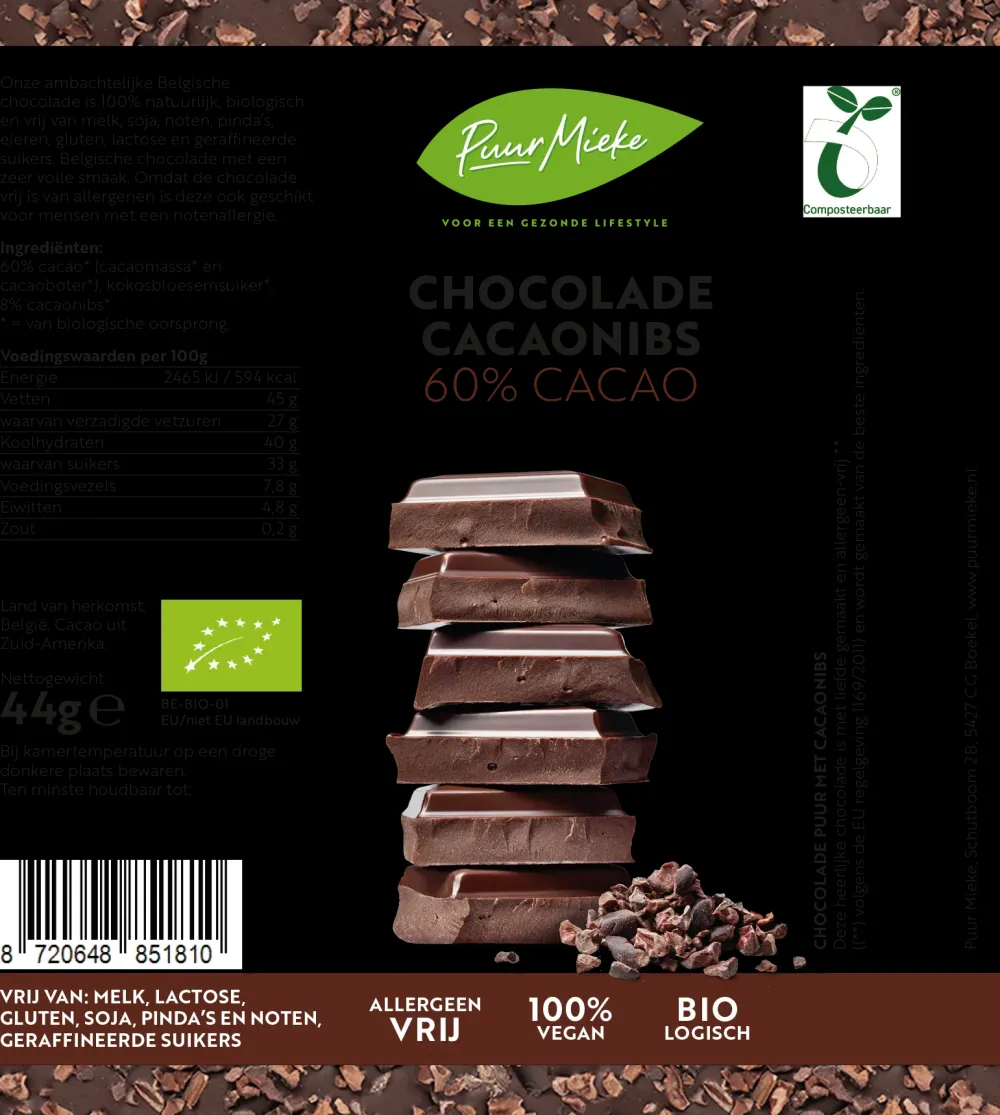 Puur Mieke Chocolade>Chocoladereep Cacaonibs - 60% Cacao - BIO