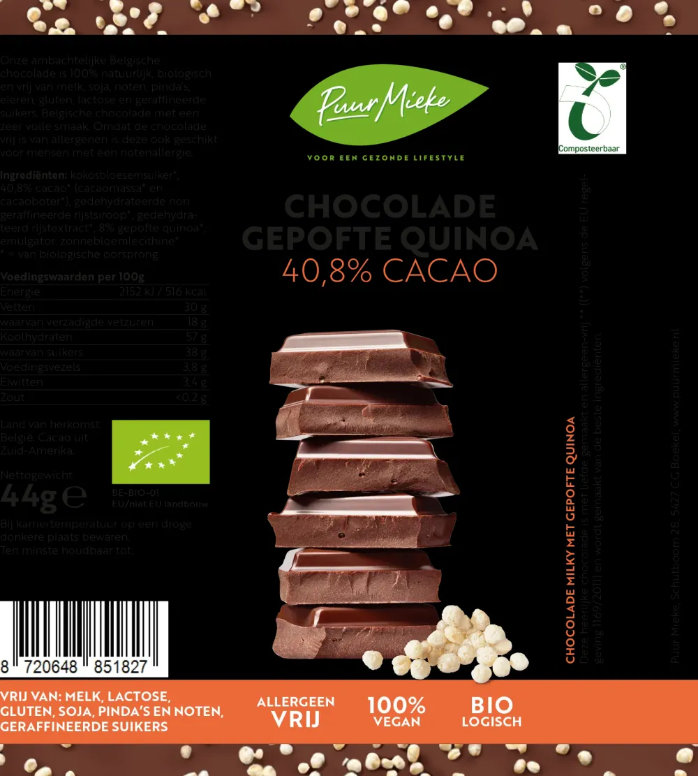 Puur Mieke Chocolade>Chocoladereep Gepofte Quinoa - 40,8% Cacao - BIO