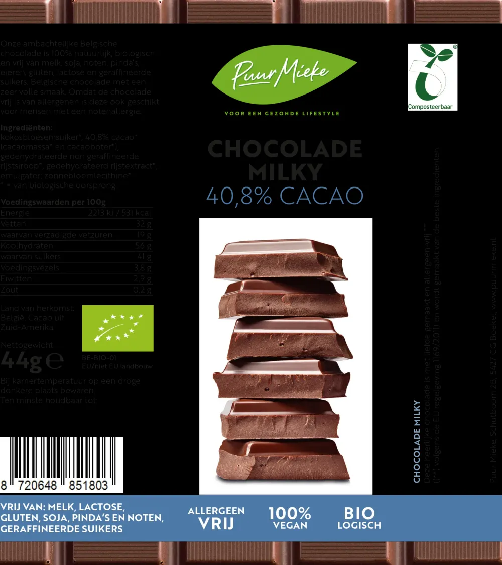Puur Mieke Chocolade>Chocoladereep Milky - 40,8 Cacao - BIO