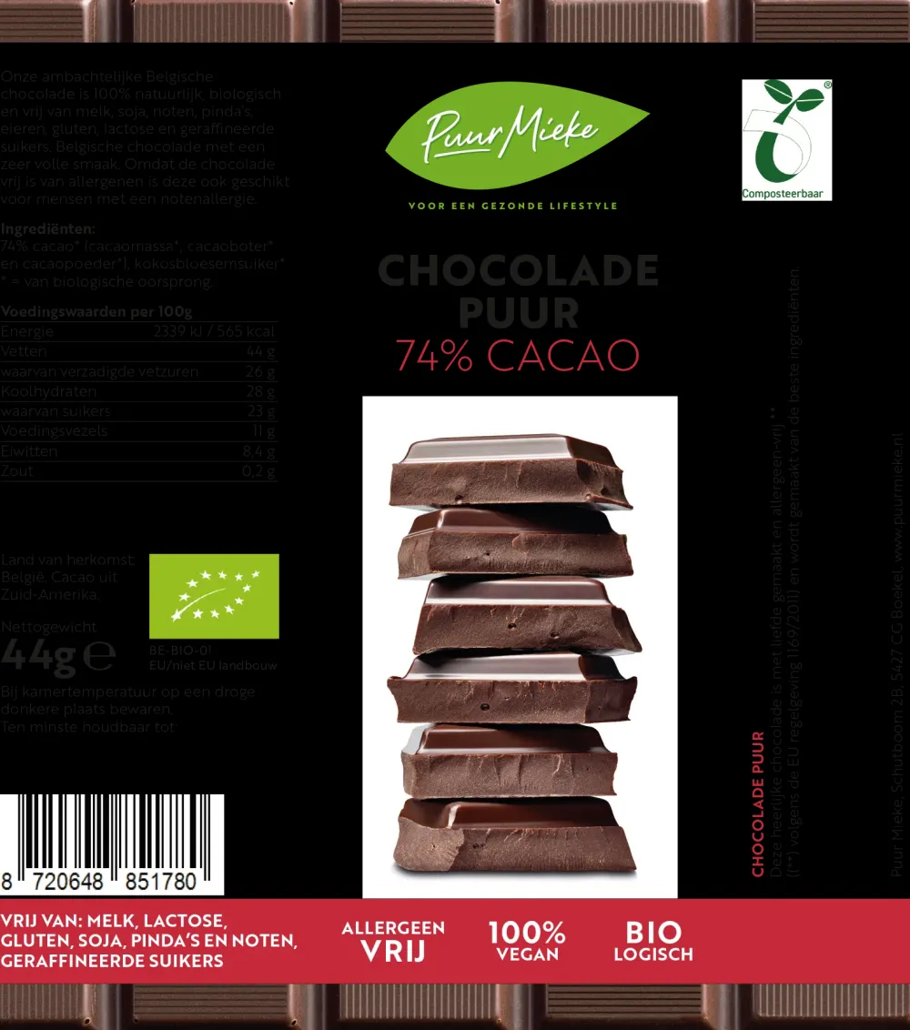 Puur Mieke Chocolade>Chocoladereep Puur - 74% Cacao - BIO