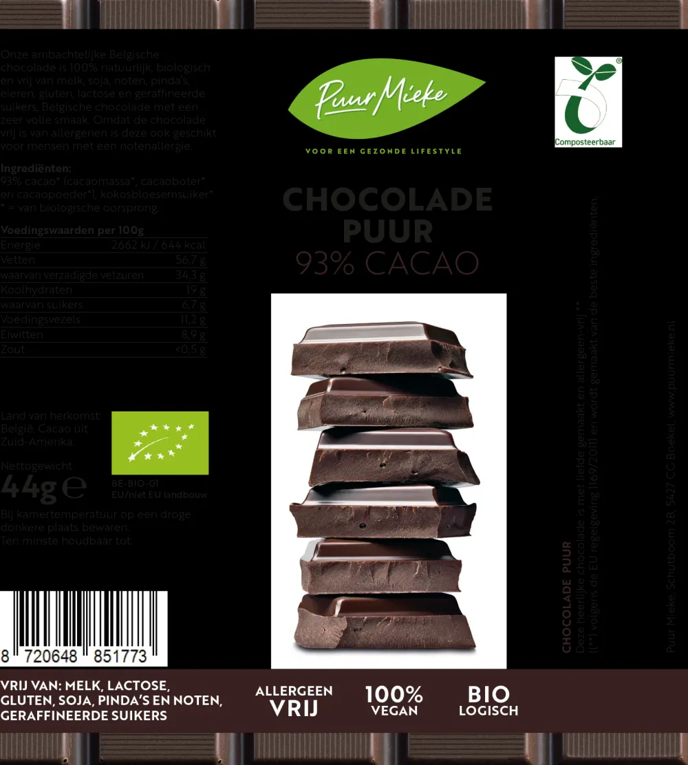 Puur Mieke Chocolade>Chocoladereep Puur - 93% Cacao - BIO