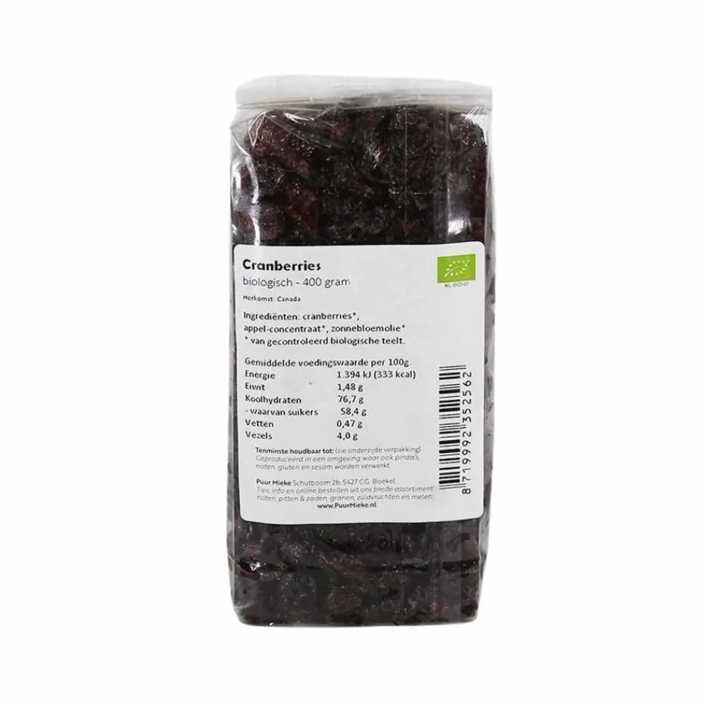 Puur Mieke Bessen En Zuidvruchten|Zuidvruchten>Cranberries gezoet met appeldiksap - 400g - BIO