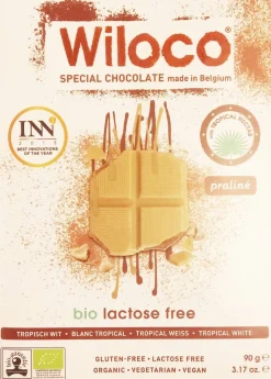 Wiloco Chocolade>Lactosevrije Chocoladereep 'Wit' met Praliné - 90g - BIO