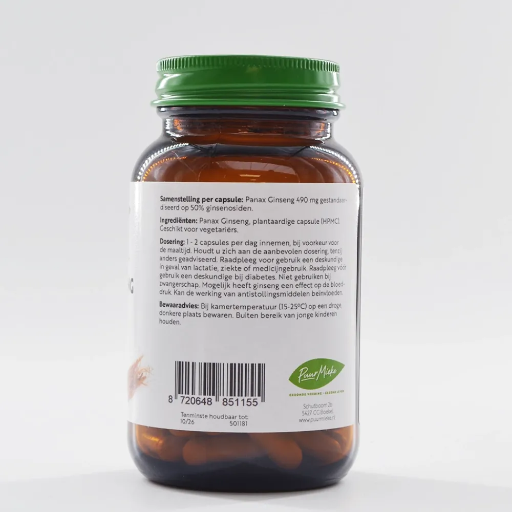 Puur Mieke Immuunsysteem|Weerstand>Panax Ginseng - 490mg - 60 caps
