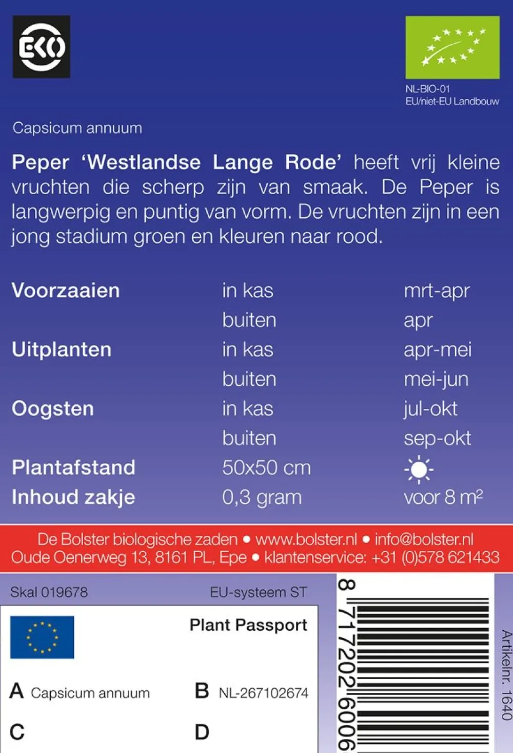 De Bolster Vruchtgewassen|Groenten>Peper 'Westlandse Lange Rode' - 0,3g - BIO