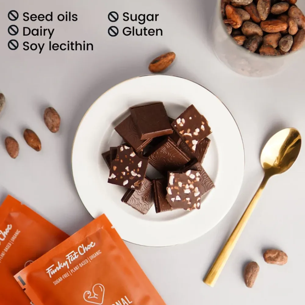 Funky Fat Choc Chocolade|Cacao>Pure Chocolade met Hazelnoot en MCT - BIO