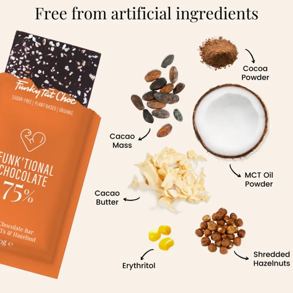 Funky Fat Choc Chocolade|Cacao>Pure Chocolade met Hazelnoot en MCT - BIO