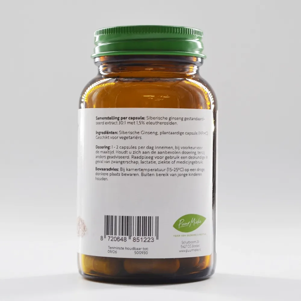 Puur Mieke Stress|Immuunsysteem>Siberische Ginseng - 500mg - 60 caps