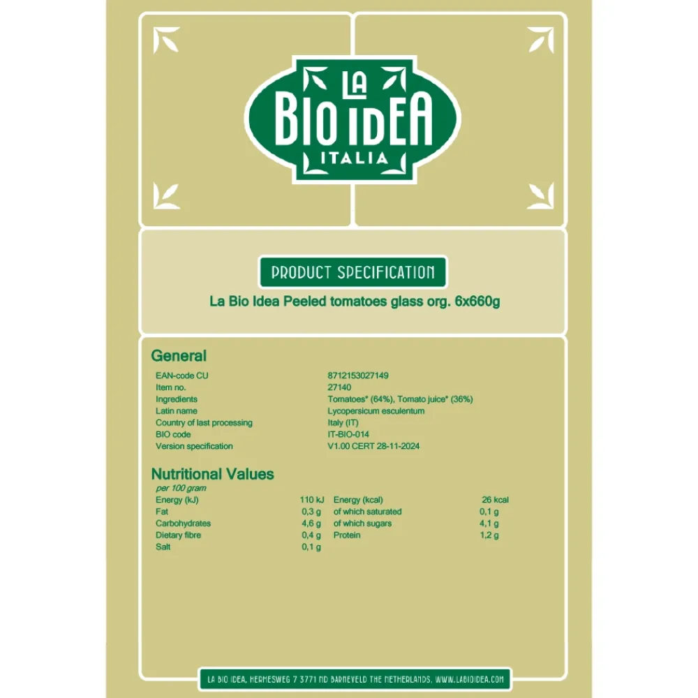 La Bio Idea Conserven (in Glas)|Tomatensaus>Tomaten gepeld (glas) 660g-BIO