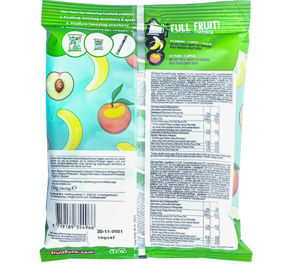 Fruitfunk Snoepjes>Uitdeelzak Mix Banaan en Perzik - (10st) 100g