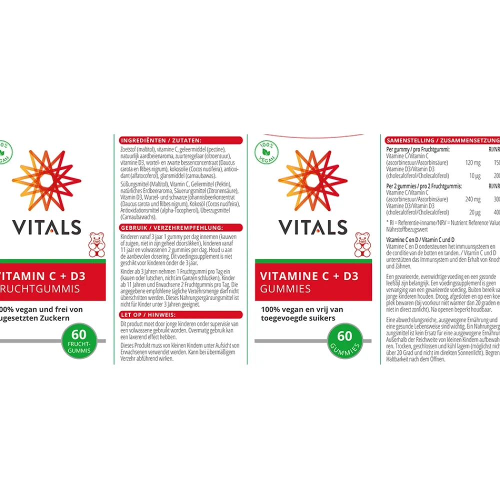 Vitals Immuunsysteem|Botten & Gewrichten>Vitamine C + D3 - 60 gummies