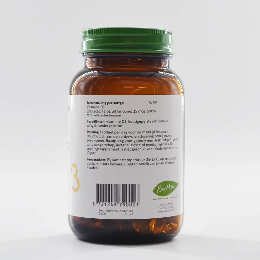 Puur Mieke Spieren|Immuunsysteem>Vitamine D3 - 25 mcg - 100 softgels