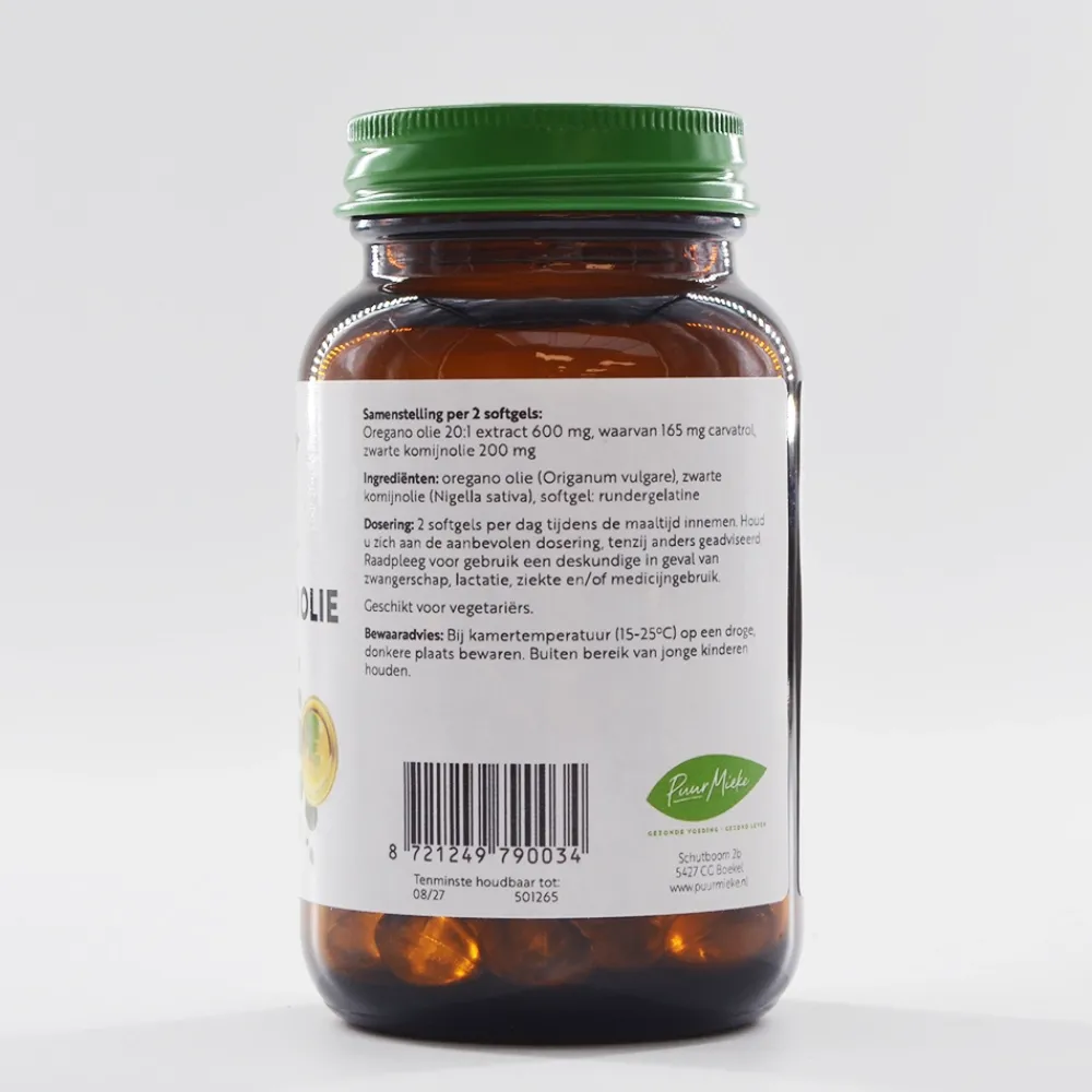 Puur Mieke Spijsvertering|Immuunsysteem>Wilde Oregano Olie - met Zwarte Komijnolie - 600 mg - 90 softgels