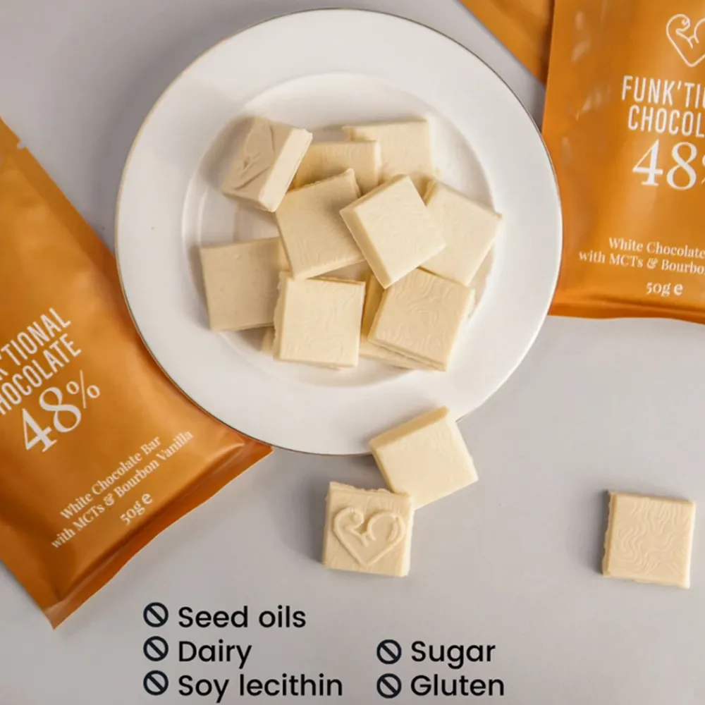 Funky Fat Choc Chocolade>Witte Chocolade met Vanille en MCT - BIO