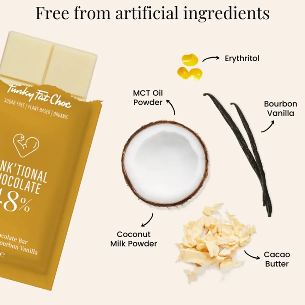 Funky Fat Choc Chocolade>Witte Chocolade met Vanille en MCT - BIO